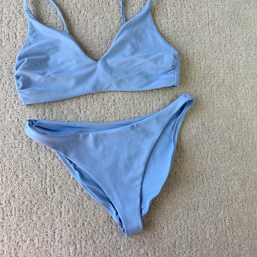 Quince Italian V-Neck Bikini Set Women M/S Blue High-Leg Sustainable Swimwear